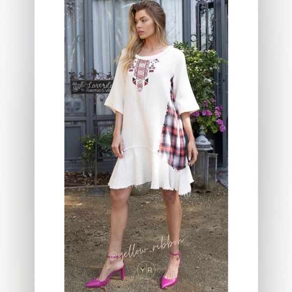 🆕 POL | Aztec Embroidered Detail Mini Dress Plaid Contrast - Picture 4 of 5